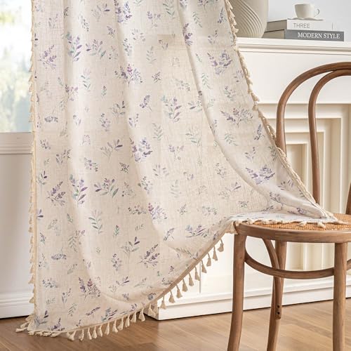 Floral Linen Boho Curtains 96 Inches Length for Living (Purple / 50"W x 96"L (Pack of 2))