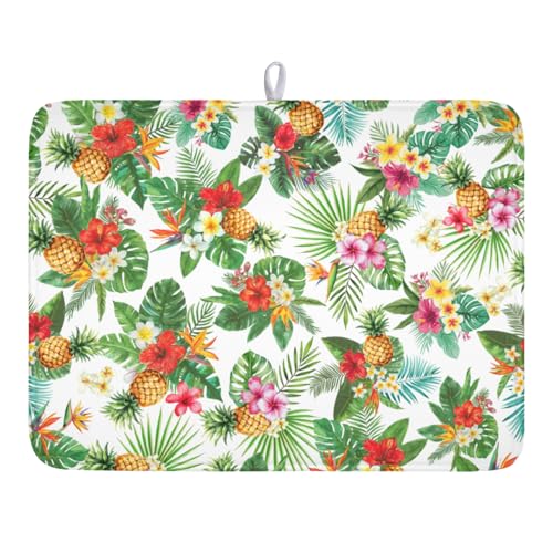 Summer Tropical Dish Drying Mat for Kitchen Counter Hawaii Palm Leaves Floral Pineapple Microfiber Dish Drainer Mat Rustic Absorbent Washable Drying Pad Extra Large 18"x24" (Summer Tropical / 24" x 18")