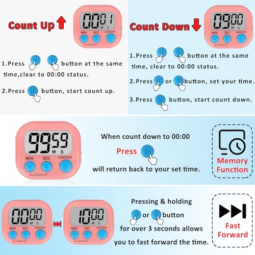 Digital Kitchen Classroom Timers for Kids Cooking 6pcs Blu Grn Pk (Blue & Green & Pink)