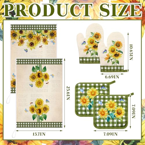 6 Retro Sunflower Kitchen Towels Oven Mitts and Pot Holders Sets (Yellow / Novelty Sunflower)