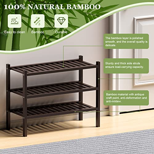 3 Tier (Thick) Bamboo Shoe Rack for Closet Free Standing Wood Shoe Shelf for Entryway Small Space Stackable 27"x12"x21" (Black Brown) (Brown / 3 Tier(Thick))