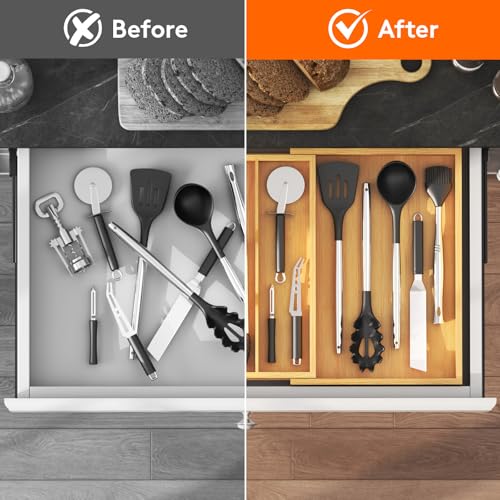 Bamboo Utensil Organizer for Kitchen Drawer (Natural / 11.9~21.7'' W x 15.75'' D)