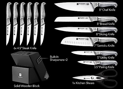 Kitchen Knife Set with Block and Sharpener German Steel 15 Piece (Sliver)
