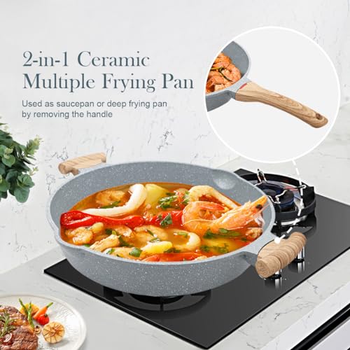 14 Inch Ceramic Deep Frying Pan with Lid (Blue)