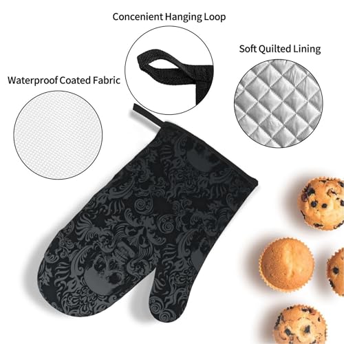 Victorian Gothic Black Skull Damask Oven Mitts and Pot Holders Sets of 4 (One Size / Black Skull)
