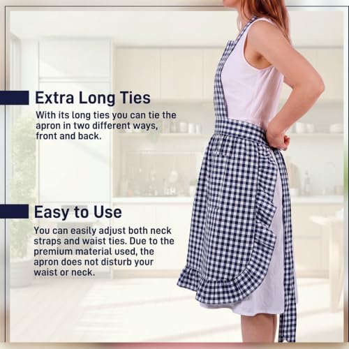 Vintage Apron Ruffle Dress Women 2 Pockets (Navy Blue / Gingham)