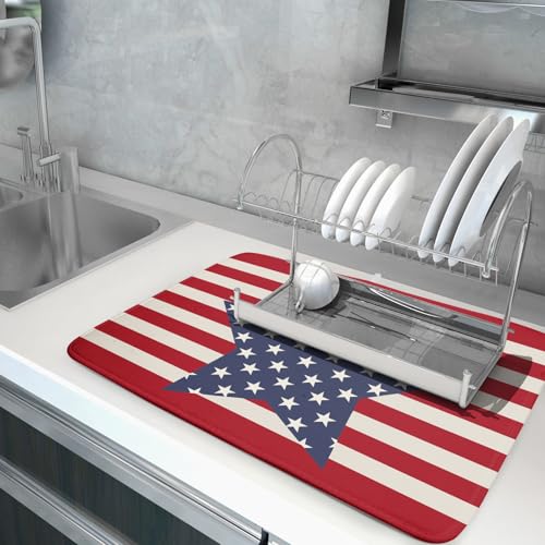 Blue Star Patriotic July of 4th Dish Drying Mat for Kitchen Counter 18x24 Independence Day Red Striped Absorbent Reversible Microfiber Drying Mats Kitchen Countertop Protector Dishes Drainer Rack Pad (18" x 24")