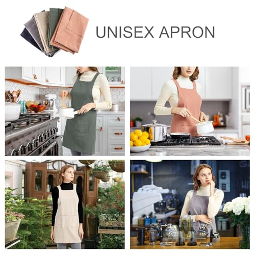 Aprons for Women with Pockets Unisex Comfort Cross Back No Tie Cotton Linen Apron Pinafore for Cooking Painting Floral Arrangement Gardening Cleaning Navy (Navy / Medium)