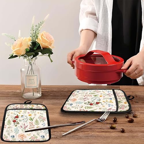 Beige Floral Botanical Pot Holders with Pockets (Wildflower-f)