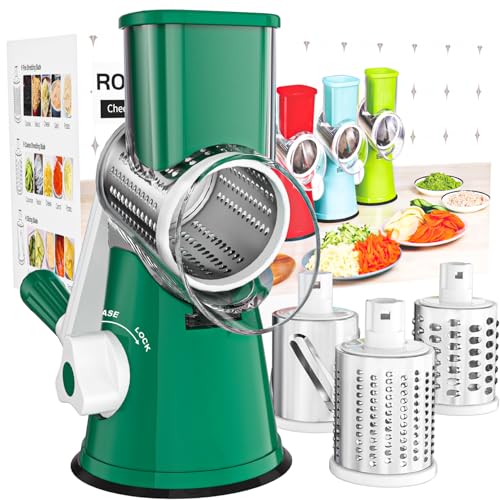Rotary Cheese Grater Hand Crank Cheese Shredder for Fresh Cheese (3 BLADES / Dark Green)