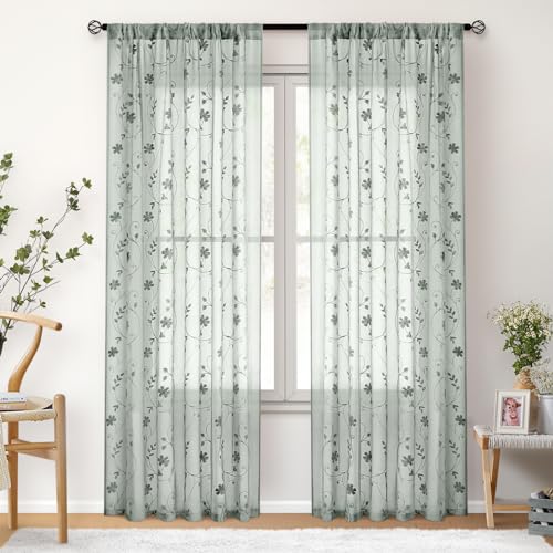 Sage Green Sheer Curtains 84 Inches Long 2 Panels Embroidered Floral Pattern Semi Sheer Window Curtains for Bedroom Living Room (52"W x 84"L (Pack of 2) / Sage Green)