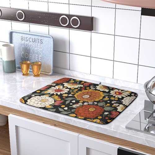 Vintage Floral Dish Drying Mat for Kitchen Counter Retro Sunflower Floral Absorbent Microfiber Dry Dish Mat Reversible Washable Dish Drainer Rack Mat 16x18 Inch (Vintage Sunflower Flora / 16" x 18")