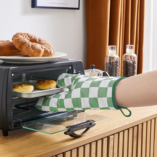 Green Checkered Oven Mitts Heat Resistant (Green)