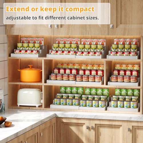 3 Tier Expandable Bamboo Can Organizer for Pantry (12.4"-24"W × 10.8"D × 4.5"H / White)