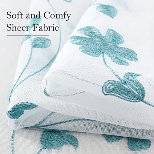 White and Blue Embroidered Floral Sheer Curtains 84 Inches Long 2 Panels Flower Pattern Semi Sheer Window Curtains for Bedroom Living Room (52"W x 84"L (Pack of 2) / White & Blue)
