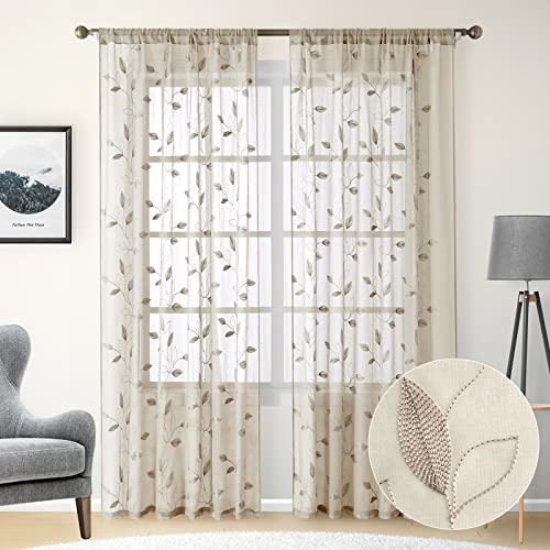 Taupe Sheer Curtains Leaf Embroidered (52"W x 84"L (Pack of 2) / 2-taupe/Beige)