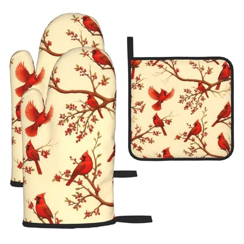 Red Cardinal Oven Mitts and Pot Holders Sets of 3 (Cardinal Bird)