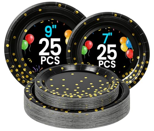 Black and Gold Paper Plates (Black Gold Dot / 50 Count (25-9" & 25-7"))