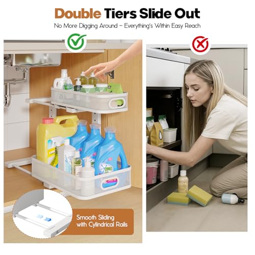 2 Pack Under Sink Organizer With Smooth Cylindrical Rail (White / 2 Pack-15.7"Depth)