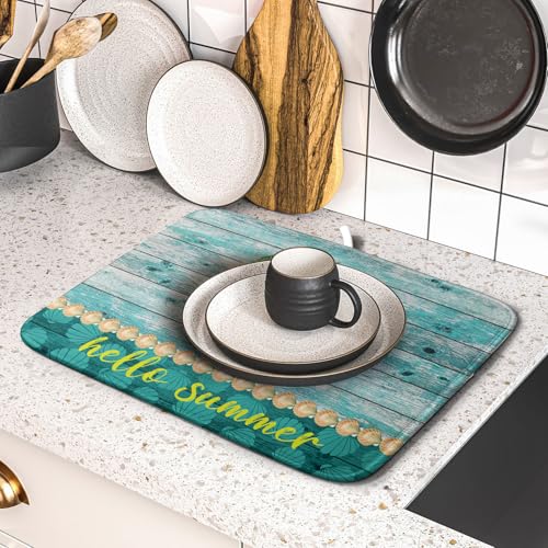 Hello Summer Dish Drying Mat for Kitchen Counter (16" x 18")