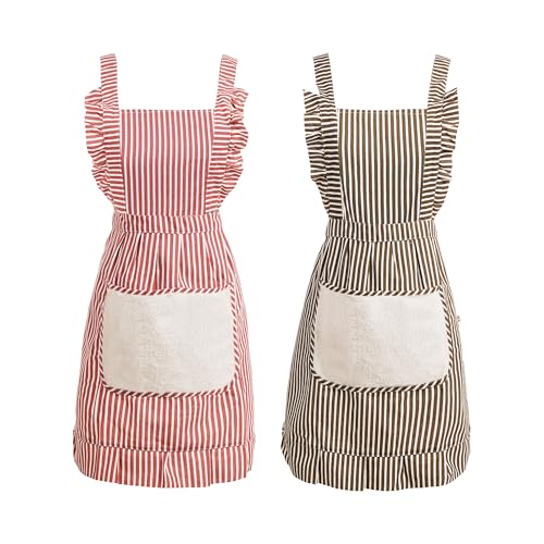 Cute Cotton Apron for Women (Medium / Red/Brown Striped)