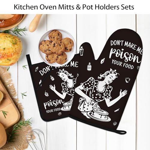 Funny Oven Mitts and Pot Holders Sets Black Kitchen Accessories Cute Kitchen Decor Funny House Warming Gifts Heat Resistant Cooking Baking Gifts for Women (Oven Mitts & Pot Holders / Black)