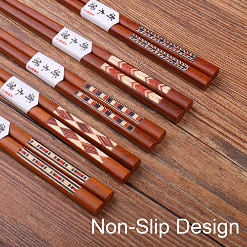 Reusable Chopsticks Japanese Natural Wooden 5 Pairs Classic Style Lightweight Safe Chop Sticks 8.8 Inch (Brown)