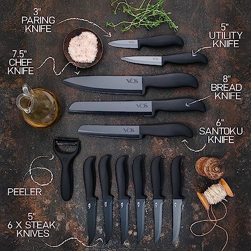 Ceramic Knife Set With Block (Black handle / Deluxe 14 Pcs)