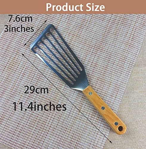 Fish Spatula Set for Nonstick Cookware Flexible Metal Fish Spatula Stainless Steel Small Fish Slotted Spatula Turner with Wood Handle (White, Wood)