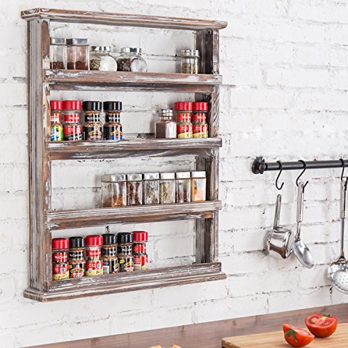 4 Tier Torched Wood Spice Rack Wall Mount Rustic Seasoning Shelf