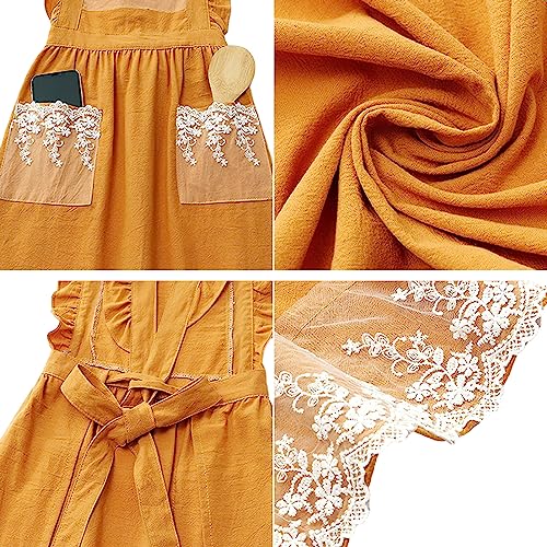 Cute Cotton Apron Frilly Lace Ruffle Adjustable Pinafore Apron Dress with Pockets for Cooking Baking Cleaning Gardening (Yellow)