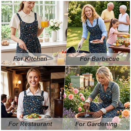 Vintage Apron for Women with Pockets Adjustable Straps for Kitchen (Black Floral)