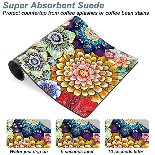 Coffee Mat 12" x 19" Cute Flower Theme Coffee Bar Mats for Espresso Machine Station Accessories and Organizer (Colorful Mandala / 12" x 19")