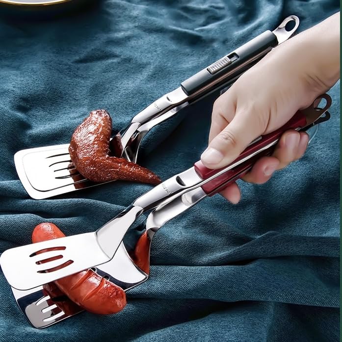 Anti Scald Extended Handle Spatula Tongs 11.6 Inch Multifunctional Stainless Steel Cooking Tongs Food Shovel Clamp for Flipping Steak Fish Bread Hamburger BBQ Frying Pancake Pies Pizza (Red)