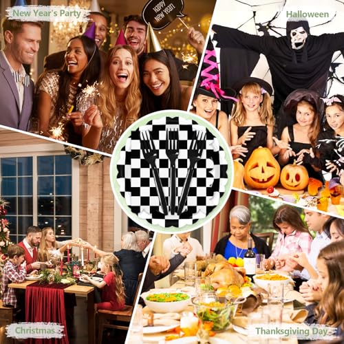 75 Pcs Black Checkered Paper Plates and Napkins&Forks for Party (Black Checkered 75 Plates Set / 7-inch Set)