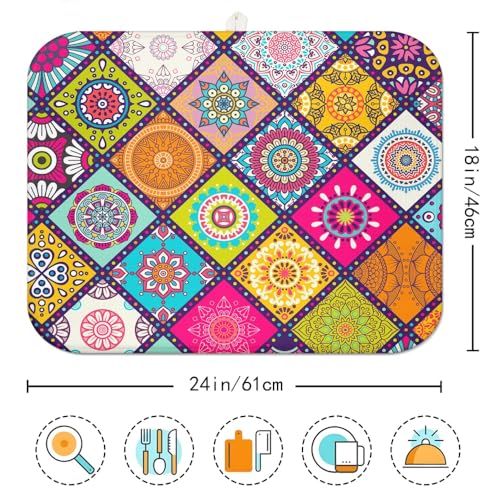 Plaid Floral Boho Counter Dish Drying Mat (BOHO 03 / 24" x 18")