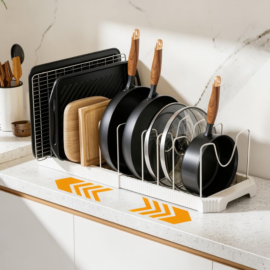 Pots and Pans Organizer under Cabinet (White / 10 Adjustable Dividers)