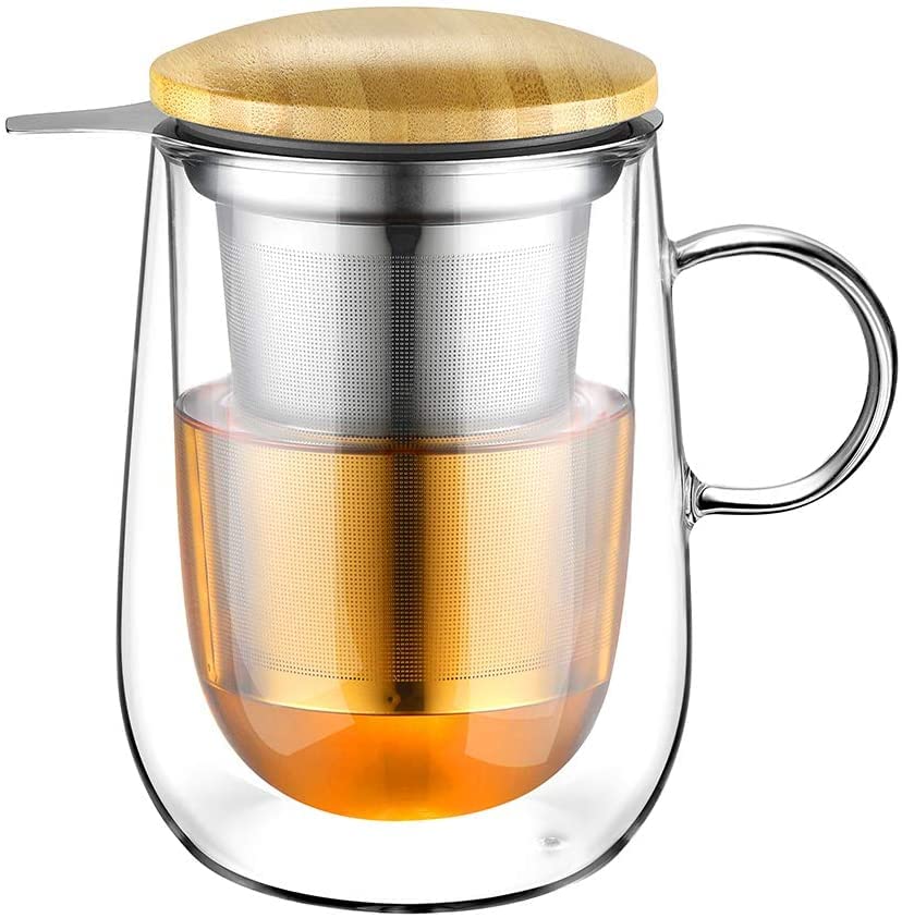 Double Wall Tea Infuser Mug with Infuser 14.5oz for Loose Leaf Tea (Type 1 Transparent)