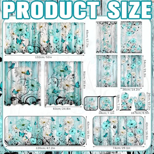 13 Pcs Farmhouse Teal Daisy Kitchen Decor Set 3 Turquoise Kitchen Curtains Valance 2 Rugs and Mats 4 Hand Towels 2 Pot Holders 2 Oven Mitts for Home Decor Cooking Grilling Housewarming Gift (Teal Daisy)