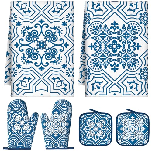 6 Pcs Kitchen Decor Set Accessory Farmhouse Kitchen Towels Pot Holders Oven Mitts Set 2 Dish Towels 2 Pot Holders 2 Cooking Mittens Oven Glove for Cooking (Blue,white / Chinoiserie Printed)