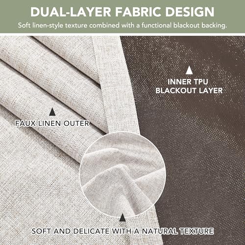 100% Blackout Linen Curtains for Bedroom Living Room 96 Inch Long (Flaxen/100% Blackout / 52"W x 96"L (Pack of 2))