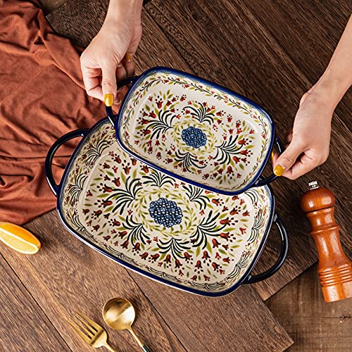 Baking Dish Ceramic Baking Pan Blue Casserole Dish Rectangular Baking Set 2pcs Bakeware Sets Single Serving Size Lasagna Pan Baking Dishes for oven (The tulip)