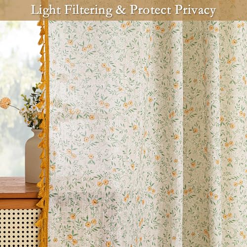 Floral Boho Linen Curtains 96 Inch Long 2 Panels Set with Yellow Tassels Farmhouse Semi Sheer Bohemian Spring Living (Yellow and Green / 50"W x 96"L (Pack of 2))
