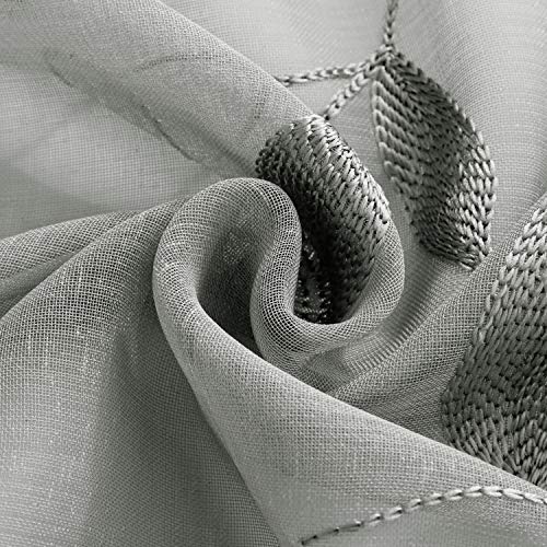 Grey Gray Sheer Kitchen Curtains 52 x 54 Inch Length 2 Panels Embroidered Leaf Pattern Short Curtains for Bedroom Half Small Window Rod Pocket Tiers (52"W x 54"L (Pack of 2) / 3-grey)