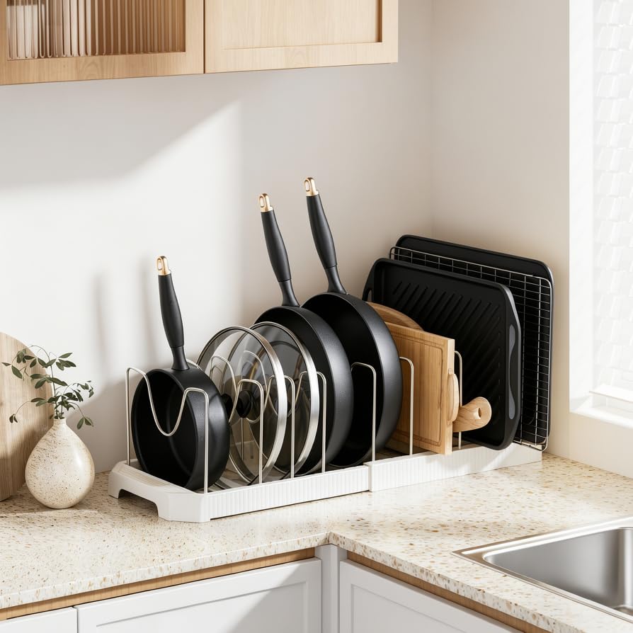 Pots and Pans Organizer under Cabinet (White / 10 Adjustable Dividers)