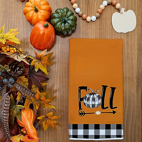 Pumpkin Fall Kitchen Towels Set of 2 for Decor Buffalo Plaid Check (Black)