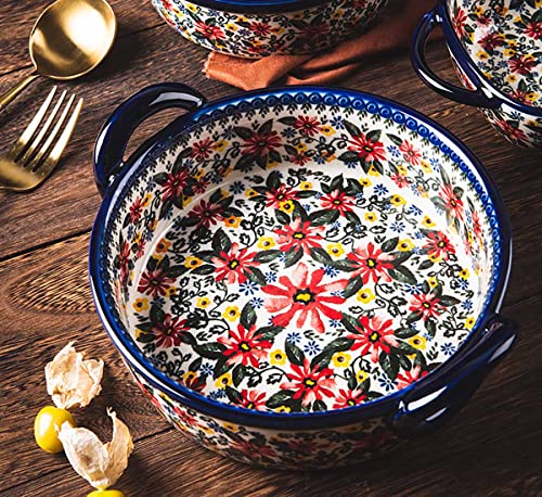 Red Daisy Flower Vintage Style Ceramic Bakeware Casserole Dish Baking Pan Lasagna Pans Baking Dish with Handles for Oven (RedDaisy / 32 OZ)