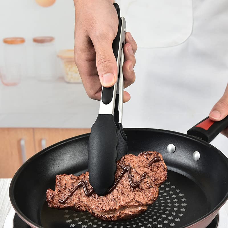 2-Pack of 9" (Small) & 12" (Large) Kitchen Tongs Set: Non-Stick Silicone-Stainless Steel Cooking Tongs, BPA Free, Heat Resistant (480°F) - Non-Slip Grip & Locking Metal Food Tongs (Black) (Black)