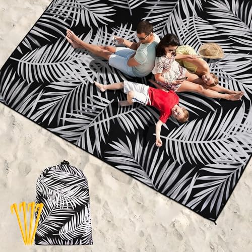 Waterproof Sandproof Beach Blanket Mat for 1 (79" X 83"（1~3 person） / Leaves - Black Base With White Foliage)