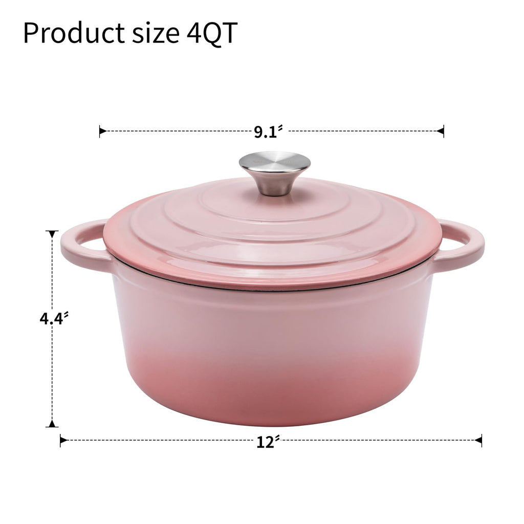 4 QT Enameled Cast Iron Round Dutch Oven With Lid (PINK / 4Qt)